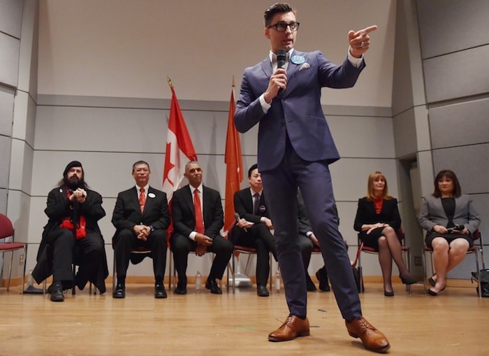  YES Vancouver's Hector Bremner takes his turn at the all-candidate Vancouver mayoral debate September 17. Photo by Dan Toulgoet