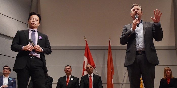  The NPA’s Ken Sim and independent Kennedy Stewart faceoff at a mayoral debate Sept. 17. Photo Dan Toulgoet