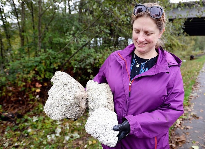  Lisa Egan with several styrofoam chunks found during the Queensborough shoreline cleanup at Thompson's landing park. Photo: Jennifer Gauthier