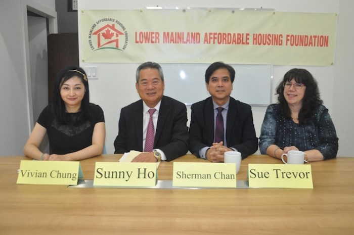  From left: Vivian Chung, director of Lower Mainland Affordable Housing Foundation, Sunny Ho, founder of the Foundation and Richmond council candidate, Sherman Chan, director of family and settlement services for MOSAIC and Sue Trevor, director of finance and administration for MOSAIC. (Photo by Daisy Xiong)