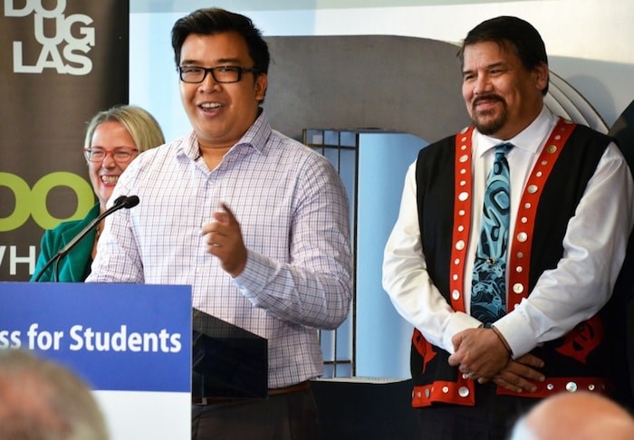  Bachelor of business administration student Jeffrey Banggayan speaks at the official opening of Douglas College's Anvil Centre office tower campus on Monday. Photo by Cayley Dobie