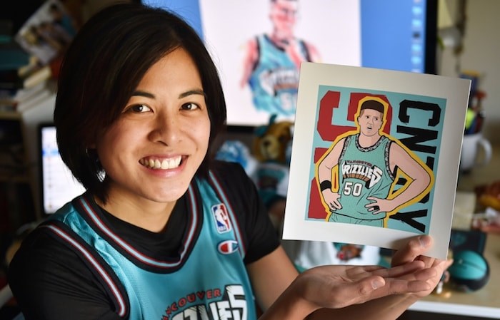  Kat Jayme, writer and director of the film Finding Big Country, with some of her memorabilia from the Vancouver Grizzlies’ six-year run in town. Photo by Dan Toulgoet