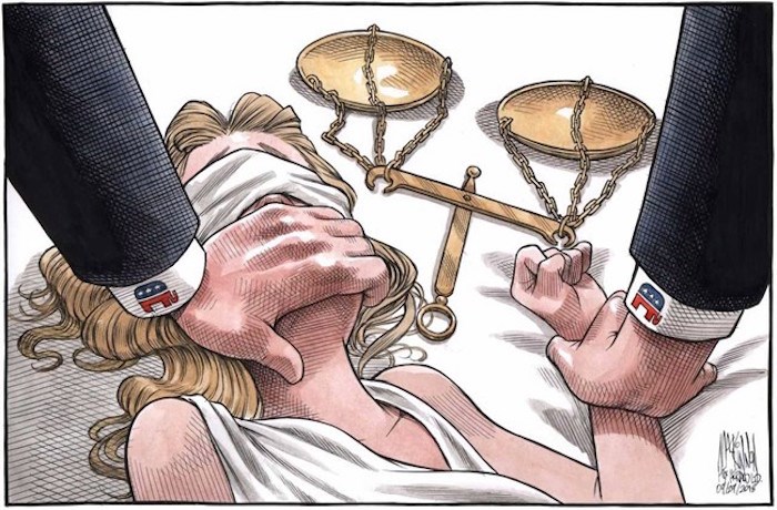  A powerful political cartoon depicting the assault of Lady Justice has gone viral in the wake of recent allegations against Supreme Court nominee Brett Kavanaugh. The graphic image, seen here, shows her blindfolded and pinned down as her scales lie beside her, one hand covering her mouth -- an explicit reference to how California professor Christine Blasey Ford described an alleged sexual assault by Kavanaugh when they were both in high school in 1982. THE CANADIAN PRESS/HO-The Halifax Chronicle Herald, Bruce MacKinnon