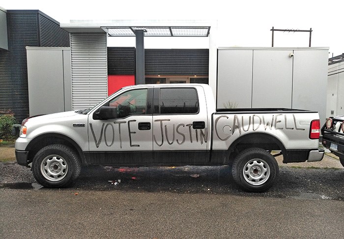  Justin Caudwell's truck parked outside Glacier Media's Mt Pleasant office. Photo Bob Kronbauer