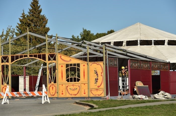  Set-up for the Bacio Rosso gourmet cirque cabaret show is currently underway in Queen Elizabeth Park’s south parking lot near the public tennis courts. Photo Dan Toulgoet