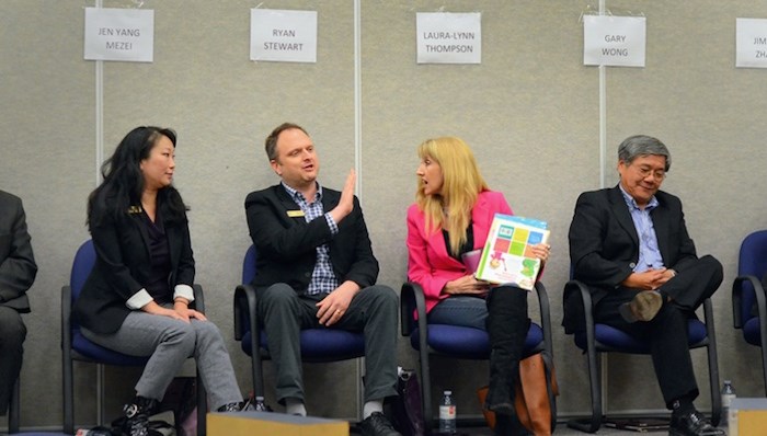  Jen Yang Mezei, Ryan Stewart, Laura-Lynn Tyler Thompson and Gary Wong fail to see eye-to-eye at an all-candidates meeting at Byrne Creek Community School Wednesday evening. Photograph by Cornelia Naylor.
