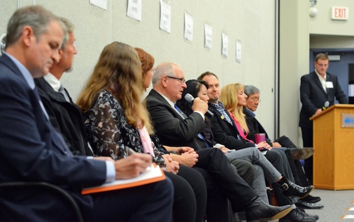  Incumbent Burnaby Citizens Association trustee candidate Larry Hayes answers a question during an all-candidates meeting at Byrne Creek Community School Wednesday evening. - Cornelia Naylor