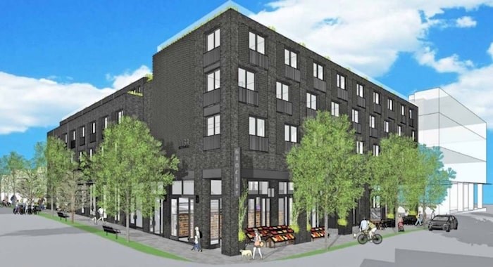  A four-storey mixed-use development proposed for property between 1102 to 1138 East Georgia Street near Glen Drive.