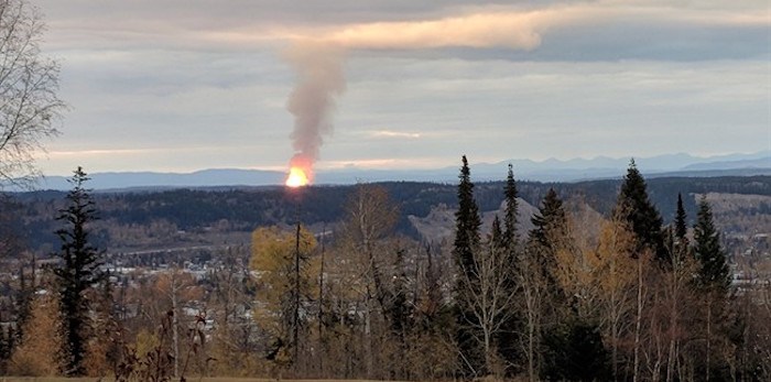  A pipeline has ruptured and sparked a massive fire north of Prince George, B.C. is shown in this photo provided by Dhruv Desai. British Columbia's Ministry of Environment says it has been notified of the incident and that the 900 PSI gas line is operated by Enbridge. It says the incident is ongoing in the community of Shelley, northeast of Prince George. THE CANADIAN PRESS/HO-Dhruv Desai