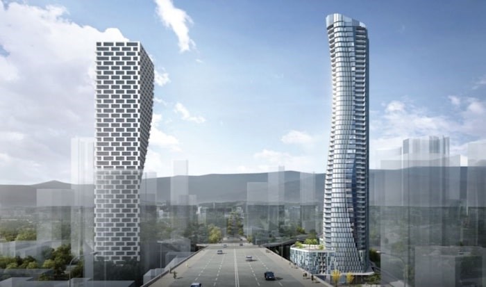  Pinnacle International has filed a rezoning application for 601 Beach Crescent, the 54-storey building on the left. Along with Vancouver House, it would create the new 