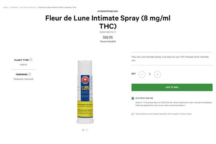  Fleur de Lune Intimate Spray is shown in this photo posted on the Ontario Cannabis Store website. A perusal of the Ontario Cannabis Store's online portal on the first day of legalization turned up an array of expected products -- various strains of dried weed, oils and tinctures, and accessories needed to use them. But also on offer is a cannabis-infused 