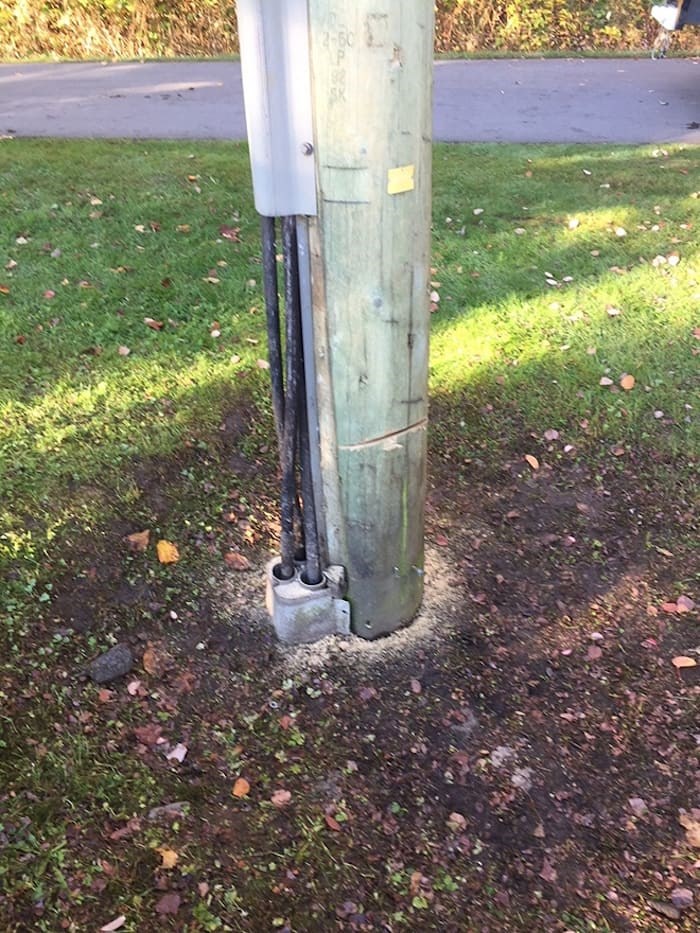  This photo shows the damaged power pole. Two others were completely cut through, according to BC Hydro. - (Photo by BC Hydro)