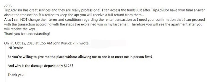  This screenshot captures snippets of a two-week correspondence between Courier reporter John Kurucz and a would-be Craislist scammer.