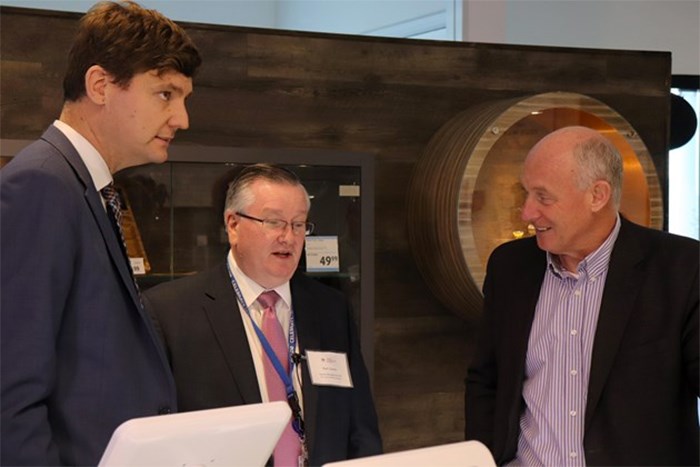  Attorney General David Eby (left) and Mike Farnworth (right), Minister of Public Safety, are shown around the Kamloops B.C. Cannabis Store by Blain Lawson (middle), general manager and CEO of the Liquor Distribution Branch. (via Eric Thompson)