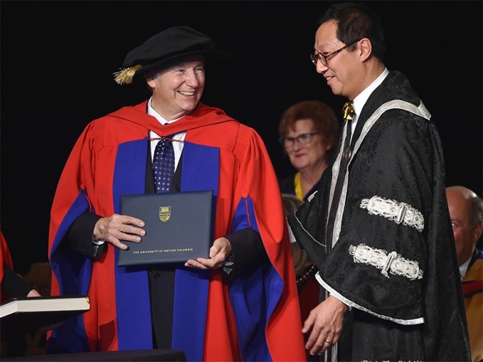  His Highness the Aga Khan (left) with UBC president and vice-chancellor Santa Ono at a joint ceremony in Vancouver Friday where UBC and SFU each awarded him with an honorary doctorate of law degree. Photo Dan Toulgoet