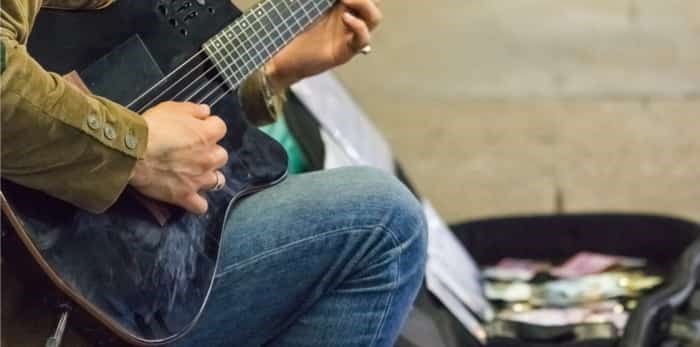  Photo: Street performer plays guitar at night - shallow focus with blur background of his guitar case full with banknotes and coins / Shutterstock