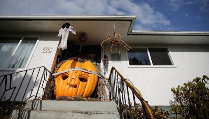  An estimated 1,500-pound pumpkin in the form of Chucky, the menacing character in horror films, holds forth at the front door of a home at 906 Dunn Ave. in Saanich. (Photo by Adrian Lam/Times Colonist)