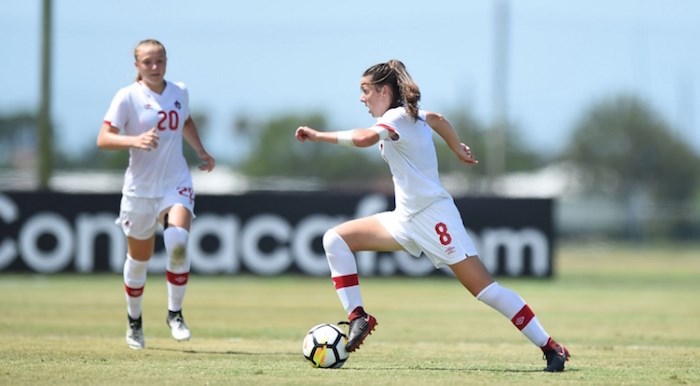  Caitlin Shaw goes on the attack during the Concacaf U-17 championships held earlier this year. The North Vancouver teenager will suit up for Team Canada in the FIFA U-17 World Cup starting next week in Uruguay. Photo by Billy Dzwonkowski/Canada Soccer