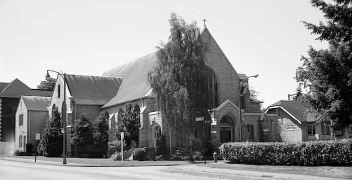  Located at Burrard and 15th, the Gothic-style Canadian Memorial United Church was dedicated on Nov. 8, 1928 and the first service was held on Nov. 11, 1928, exactly 10 years after the end of the First World War. Photo Vancouver Archives, CVA 786-34.10