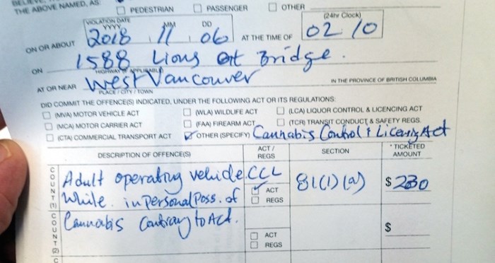  West Vancouver Police handed out their first ticket for possessing open cannabis while driving Nov. 6. (Photo supplied)
