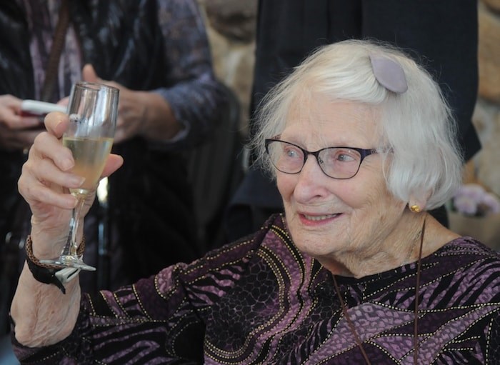  Jaye Edwards toasts her guests at her 100th Birthday. photo Mike Wakefield, North Shore News