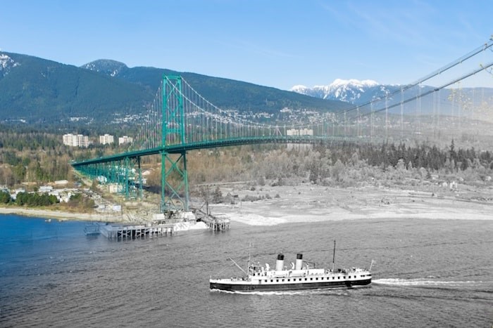  A small Union Steamship is passing under the Lions Gate Bridge during its construction. (1938 and Now)