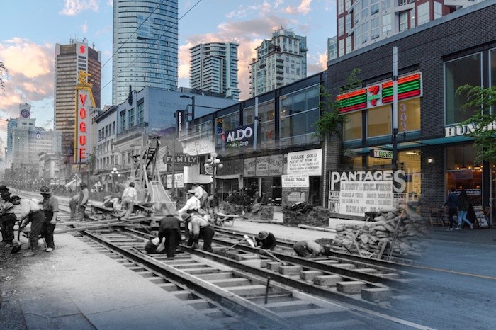  A work crew carries out the arduous task of laying streetcar tracks on Granville Street. You can see in the background the brand new Vancouver Block which dominated the skyline at this time. (1912 and now) - On This Spot / Vancouver Archives AM54-S4-: Str N244.2