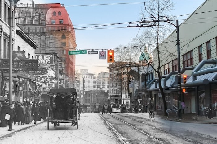  Looking back down Hastings towards the Dominion Building. (1910 and Now) - On This Spot / Vancouver Archives AM54-S4-: Str P210