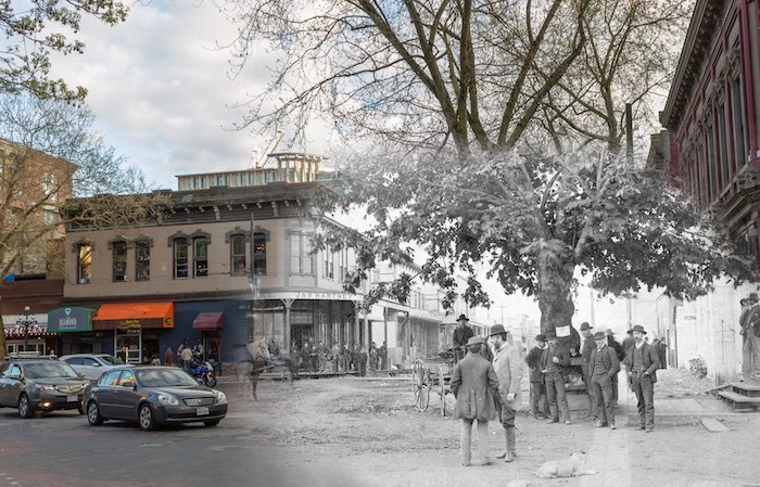  People watched helplessly from ships, the shallows, and Hastings Mill as the Great Fire of Vancouver swept through the heart of the city days after this photo was taken. Everything in this photo was burned, including the maple tree. (1886 and Now) - On This Spot / Vancouver Archives AM54-S4-: Str P83