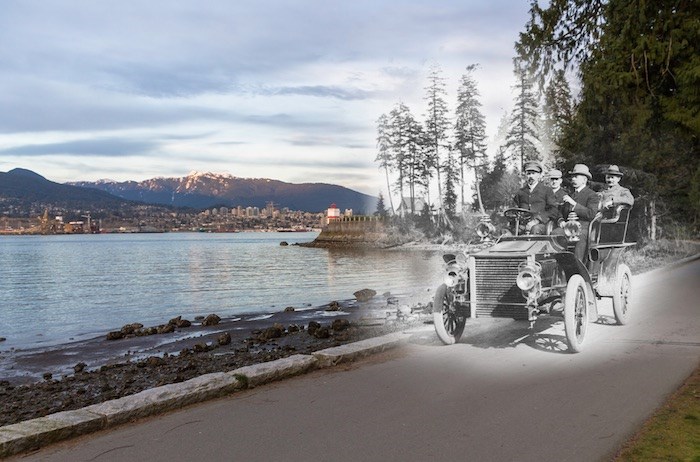  Four men out for a leisurely drive around Stanley Park. For the standards of the time their car is rather antiquated. By the 1920s most cars had roofs and windshields, whereas early cars often didn't bother because the extra weight put too much stress on the engine. (1910s and Now) - On This Spot / Vancouver Archives AM336-S3-2-: CVA 677-981