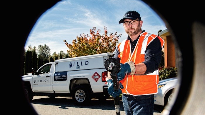  San Francisco-based Filld Inc. offers mobile gasoline fill-ups for vehicles. It launched its services for personal vehicles in Metro Vancouver on Nov. 15, 2018. Photo by Chung Chow