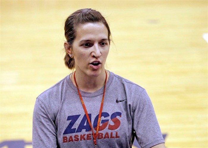  Gonzaga head coach Lisa Fortier talks at a practice a day before the team's first round NCAA tournament college basketball game Friday, March 17, 2017, in Seattle. Gonzaga is among the teams taking part in the inaugural Vancouver Showcase. The tournament will see some of the world's best collegiate basketball players face off over six days. THE CANADIAN PRESS/AP/Elaine Thompson