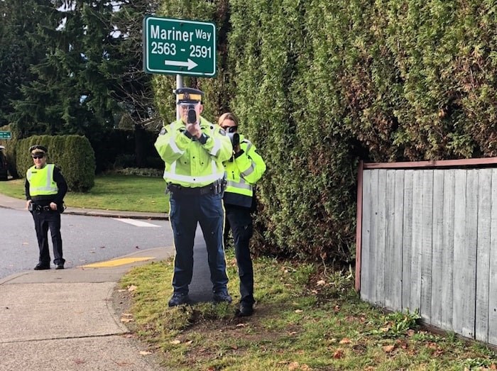  A metal image of an RCMP officer holding a radar gun has been effective in reducing speeding say Coquitlam RCMP. Photo: Coquitlam RCMP
