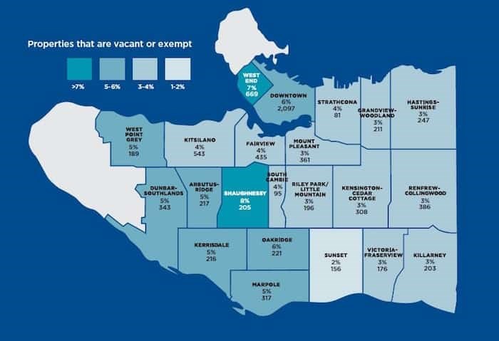  2017 empty homes tax vacant and exempt properties. (7,923 total — shown as percentage of total/number of properties. Map City of Vancouver