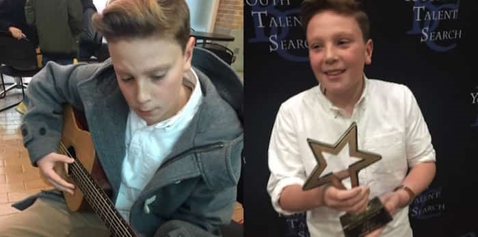  Charlie Barstow, 13, plays his guitar (left) and holds his BC Youth Talent Search award (right). Photos: Russ Barstow