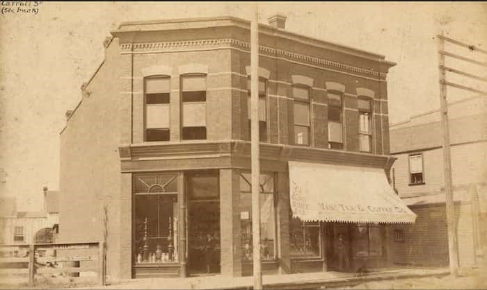  Exterior of the Vancouver Drug Company and the Vancouver Tea and Coffee Company on Carrall Street near Hastings Street in 1889. Photo Bailey and Neelands. CVA Str P68