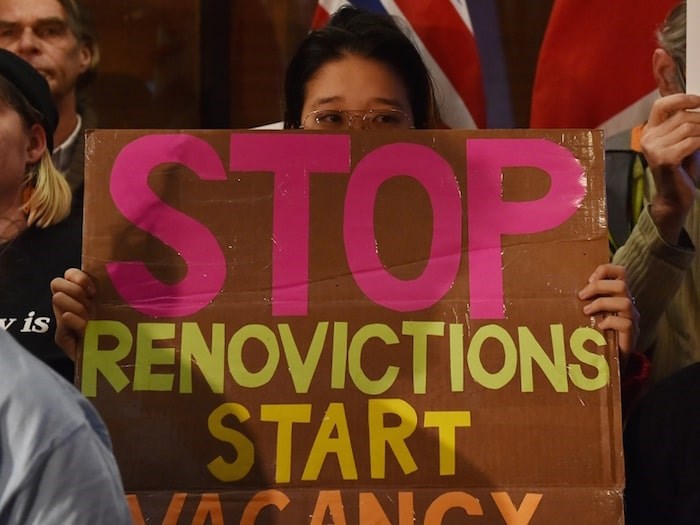  One of the signs at a renters' rally held before council voted on the renovictions motion. Photo Dan Toulgoet