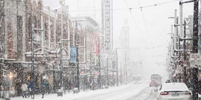  Vancouver, CANADA - 23 Feb, 2018 : Grandville street in Downtown Vancouver in winter while it has snow storm, British Columbia, Canada / Shutterstock