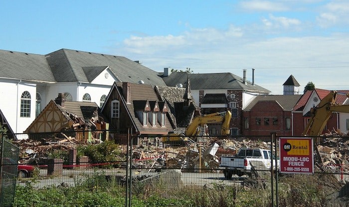  Demolition of many structures at Fantasy Garden World in Richmond in 2010. The castle, however, remains standing (