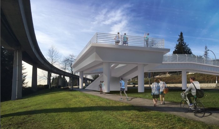  Artist conceptual rendering of the future pedestrian overpass on Stewardson Way, whose design could be modified as the project evolves. Photograph supplied.