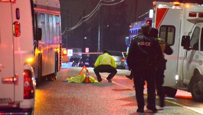  Emergency crews responded to a fatal pedestrian collision at 6th Street and 16 Avenue involving a transit bus Thursday night. Photograph By Curtis Kreklau, South Fraser News Services