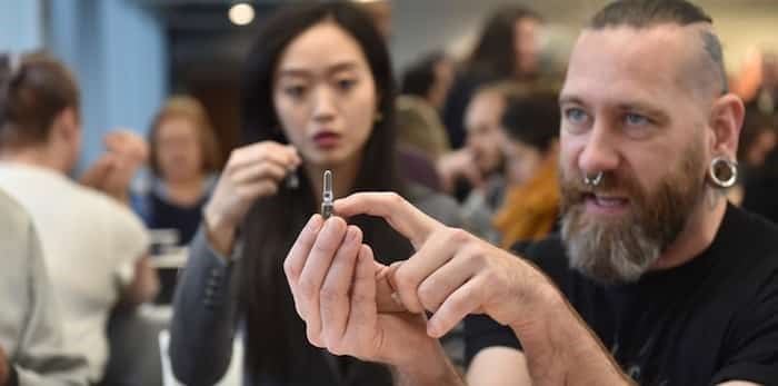  Vancouver Coastal Health employee Chris Langford explains how to administer naloxone during a demonstration in downtown Vancouver on Thursday morning.