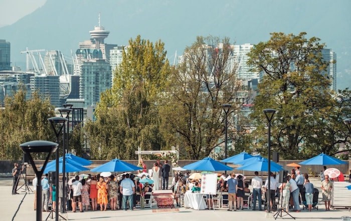  City hall’s Helena Gutteridge Plaza was the site of a wedding July 29 between Mira Oreck and Stepan Vdovine. Weddings are rare at city hall, with only two on record since 2003. Photo courtesy Nima Zadrafi