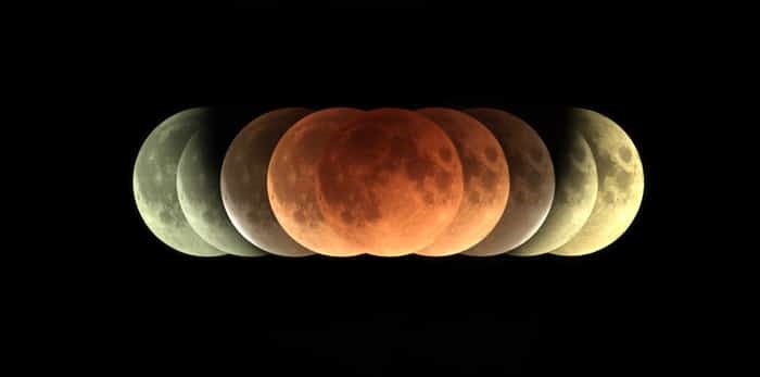  Time series of total Lunar eclipse on 31 January 2018 as it appeared as supermoon at perigee and also a blue Moon as a second full moon of January 2018 / Shutterstock