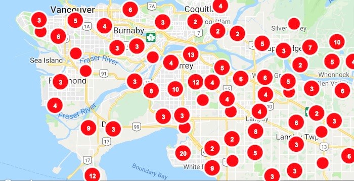  Screenshot taken just before 7 am on Fri. Dec. 21, 2018 showing outages in Metro Vancouver (BC Hydro)