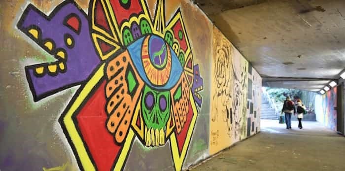  A dozen artists got the chance to have their murals decorate the walls of the pedestrian tunnel connecting Vancouver’s Granville Look Park for a year. Photo Dan Toulgoet