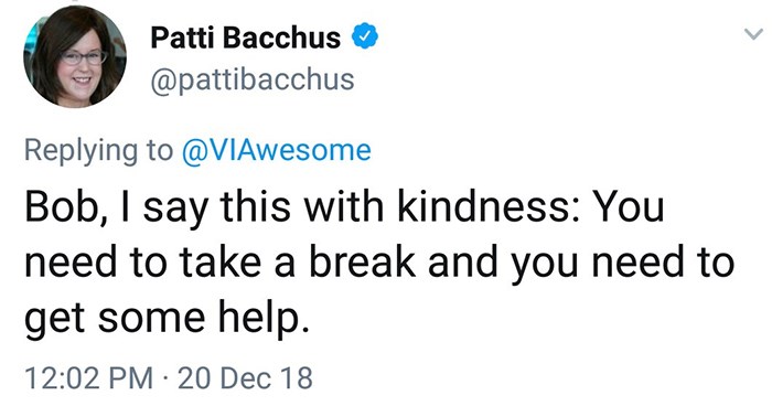  Patti Bacchus showing as much kindness as she can muster. Twitter screengrab