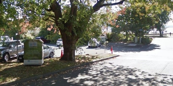 The West Vancouver clothing donation bin where a man died Sunday morning. (Google Street View)