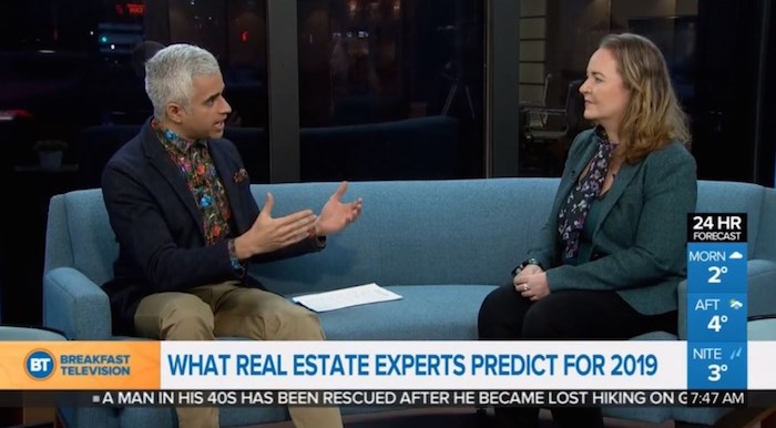  Glacier Media's Joannah Connolly on BT Vancouver January 8, 2019, discussing market forecasts with host Riaz Meghji. Image via btvancouver.ca