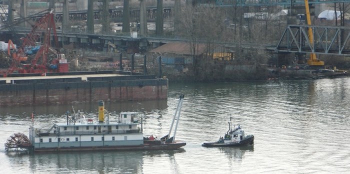 The Samson V was taken upstream by a tugboat to a dock location just above the railway and Pattullo bridges. Photo contributed.